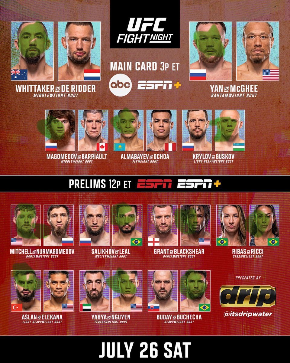 The MMA Outsiders (@mmaoutsidersetb) on Twitter photo It’s fight day from #UFCAbuDhabi. Check out <a href="/zainbando99/">Zain Bando ™️</a> and <a href="/balester555/">Anthony Balester</a>’s picks in purple and green respectively.
Current standings:
-ZB: 168-120-2 (9-5 last week)
-AB: 78-31-1 (8-6 last week)
<a href="/ETBnetwork/">Empty The Bench Podcast Network</a> | <a href="/WatchPlayback/">Playback</a> It’s fight day from #UFCAbuDhabi. Check out <a href="/zainbando99/">Zain Bando ™️</a> and <a href="/balester555/">Anthony Balester</a>’s picks in purple and green respectively.
Current standings:
-ZB: 168-120-2 (9-5 last week)
-AB: 78-31-1 (8-6 last week)
<a href="/ETBnetwork/">Empty The Bench Podcast Network</a> | <a href="/WatchPlayback/">Playback</a>