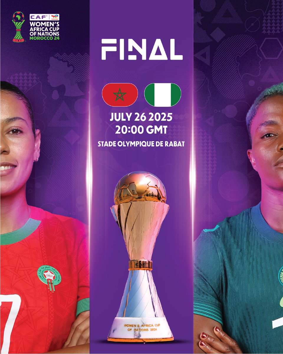 DanielOkwee's tweet image. Hosts Morocco and nine-time winners Nigeria will compete for the trophy at the TotalEnergies CAF Women’s Africa Cup of Nations, Morocco 2024 in Rabat on Saturday.
FINAL
Saturday, 26 July
20:00 GMT: Morocco vs Nigeria – Olympic Stadium, Rabat
#AfroSports