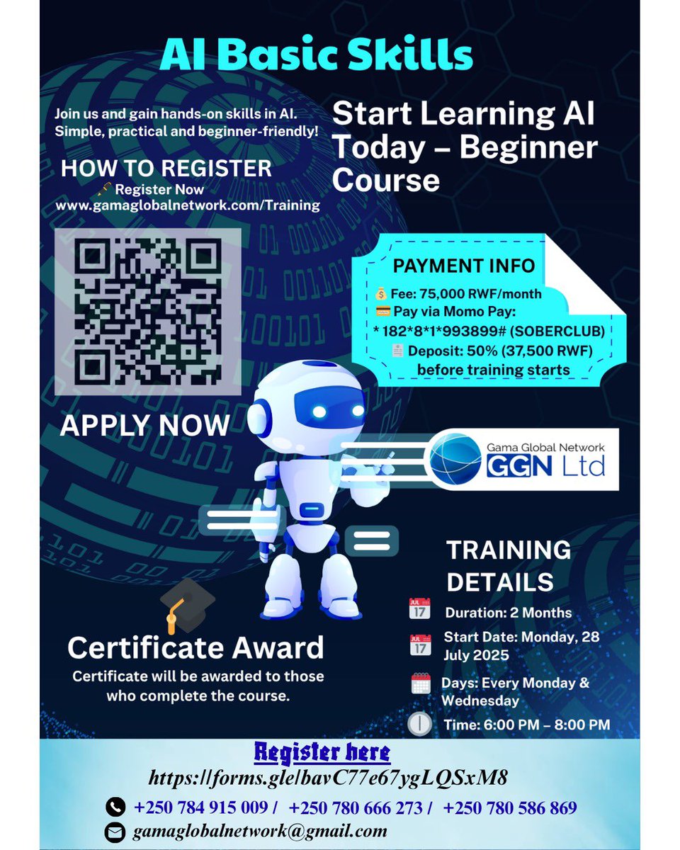 Tito Hare (@harerimana_tito) on Twitter photo 2 DAYS LEFT:
Register now: forms.gle/bavC77e67ygLQS…
🎓 CALL FOR ARTIFICIAL INTELLIGENCE TRAINING 🤖
Organized by <a href="/GamaGlobal96048/">Gama Global Network</a>
📢 Ready to dive into the world of AI? Don’t miss this 2-month hands-on AI training led by top professional trainers in Artificial Intelligence! 2 DAYS LEFT:
Register now: forms.gle/bavC77e67ygLQS…
🎓 CALL FOR ARTIFICIAL INTELLIGENCE TRAINING 🤖
Organized by <a href="/GamaGlobal96048/">Gama Global Network</a>
📢 Ready to dive into the world of AI? Don’t miss this 2-month hands-on AI training led by top professional trainers in Artificial Intelligence!