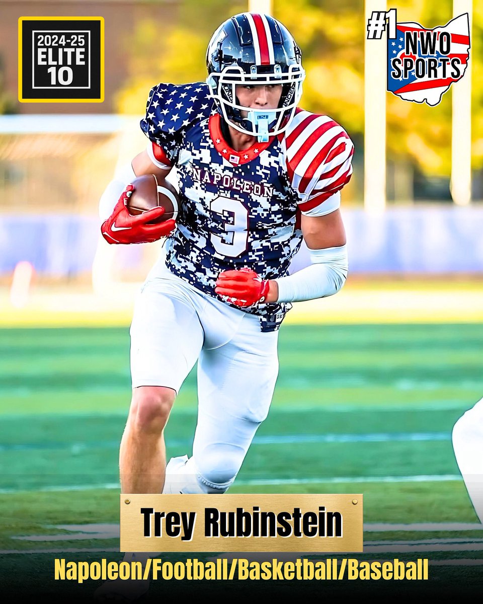 🎖 #𝟏 – 𝟐𝟎𝟐𝟒–𝟐𝟓 𝐄𝐋𝐈𝐓𝐄 𝟏𝟎 🎖
<a href="/RubinsteinTrey/">trey.rubinstein</a> – Napoleon 1st Team All-Ohio DB. NLL DPOY. 925 rec yds, 5 INTs, 3 return TDs.
🏀 12.4 PPG, 7.1 RPG
⚾ .310 AVG, 82 Ks, 1.45 ERA
🎓 <a href="/KentStAthletics/">Kent State Athletics</a> commit
👏 A generational talent!

🦾 <a href="/titansensor/">TITAN Sports</a> 
🍕 Drop Zone Pizzeria