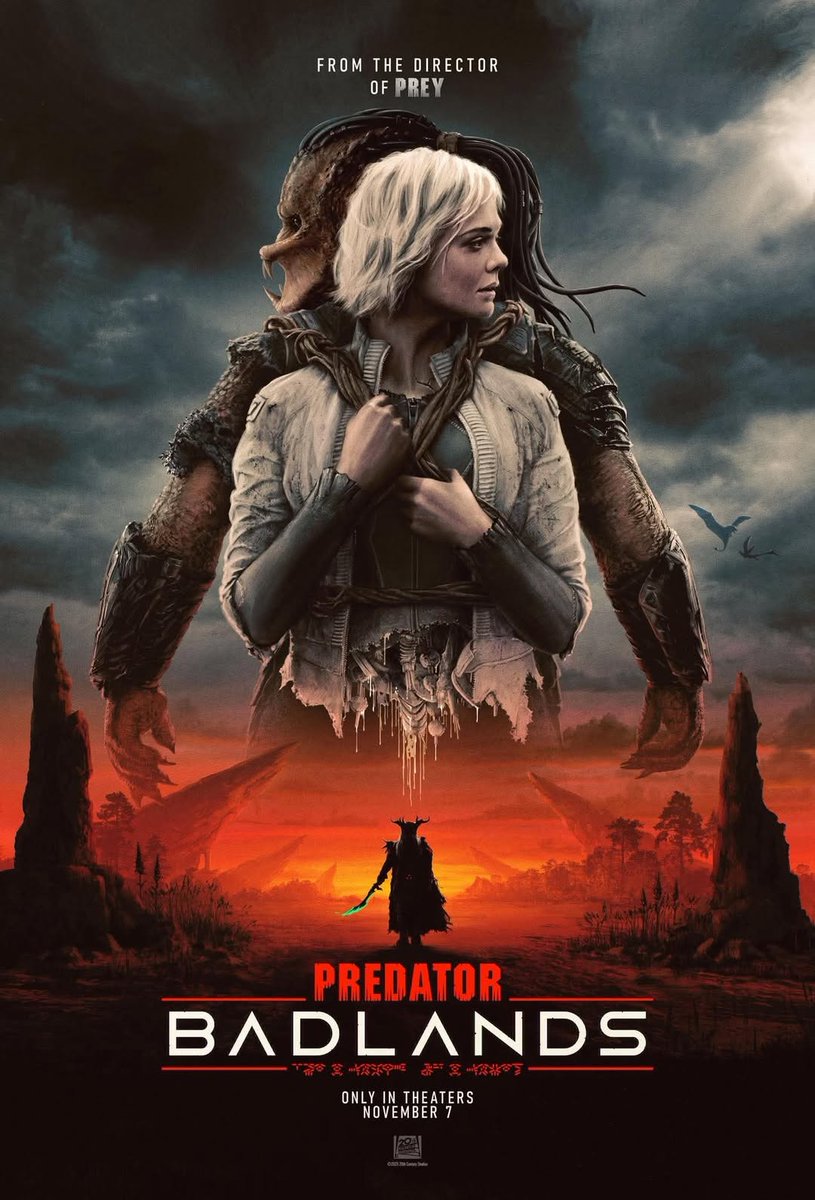 Terrormaniacos's tweet image. Nuevo póster de #PredatorBadlands, película que podremos ver en cines en el mes de noviembre.