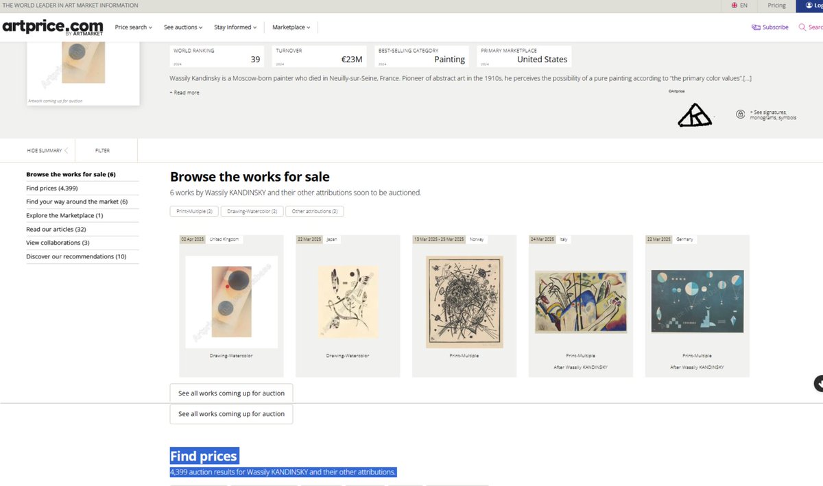 artpricedotcom's tweet image. Try our price databases
Free Wassily KANDINSKY demo: discover all the power of Artprice
Test our services with the free demo
#WassilyKandinsky #ArtDatabase #ArtMarket #ArtInvestment #ArtResearch #Artprice
#ArtCollectors #FreeDemo #Kandinsky
👉 artprice.com/artist/15079/w…