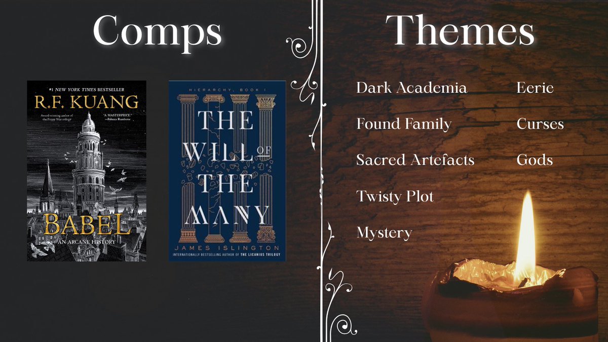 An #agentsguide to my adult fantasy ✨

The death of the God of Knowledge comes on silently, a whisper of old parchments crumbling to dust in the ever-so quiet Library of Yashay.

📚 Dark Academia 
📚 Found Family
📚 Twisty Plot
📚 Eerie
📚 Sacred Artefacts
📚 Gods &amp; Curses