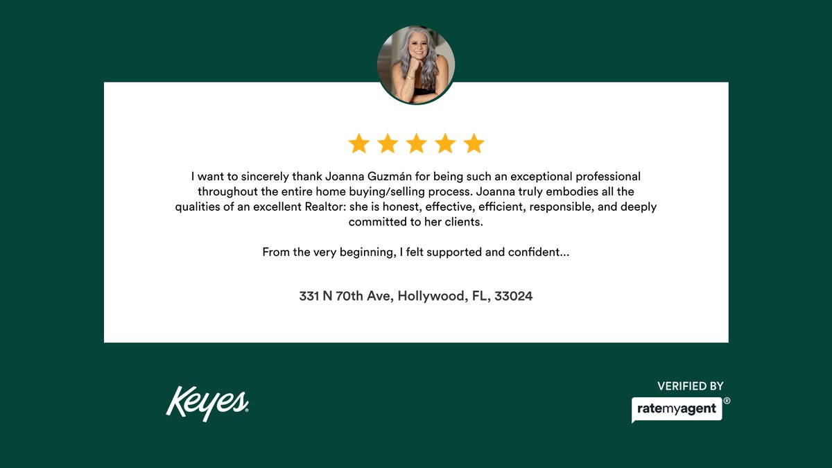 JgMatchmaker's tweet photo. My latest RateMyAgent review in Hollywood.
5 An Outstanding Realtor ★★★★★
🛌 2 🛀 1
https://t.co/CDOTMoMAHv

JOANNA GUZMAN - 𝗧𝗛𝗘 𝗥𝗘𝗔𝗟 𝗘𝗦𝗧𝗔𝗧𝗘 𝗠𝗔𝗧𝗖𝗛𝗠𝗔𝗞𝗘𝗥 | Commercial and Residential Real Estate , ABR, PSA, CDS, Relocation Specialist, MiLRES... https://t.co/KKuTGLwFjH