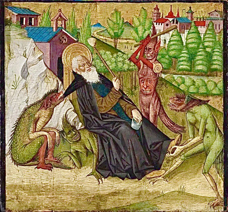 Shelli_BH's tweet image. What’s going on here?
Anthony of Egypt, “the father of monasticism” just wanted to be alone with God but faced temptations in the forms of dreams and maybe hallucinations. In portraying this, artists could give full expression to their imaginations.
“The Temptation of St…