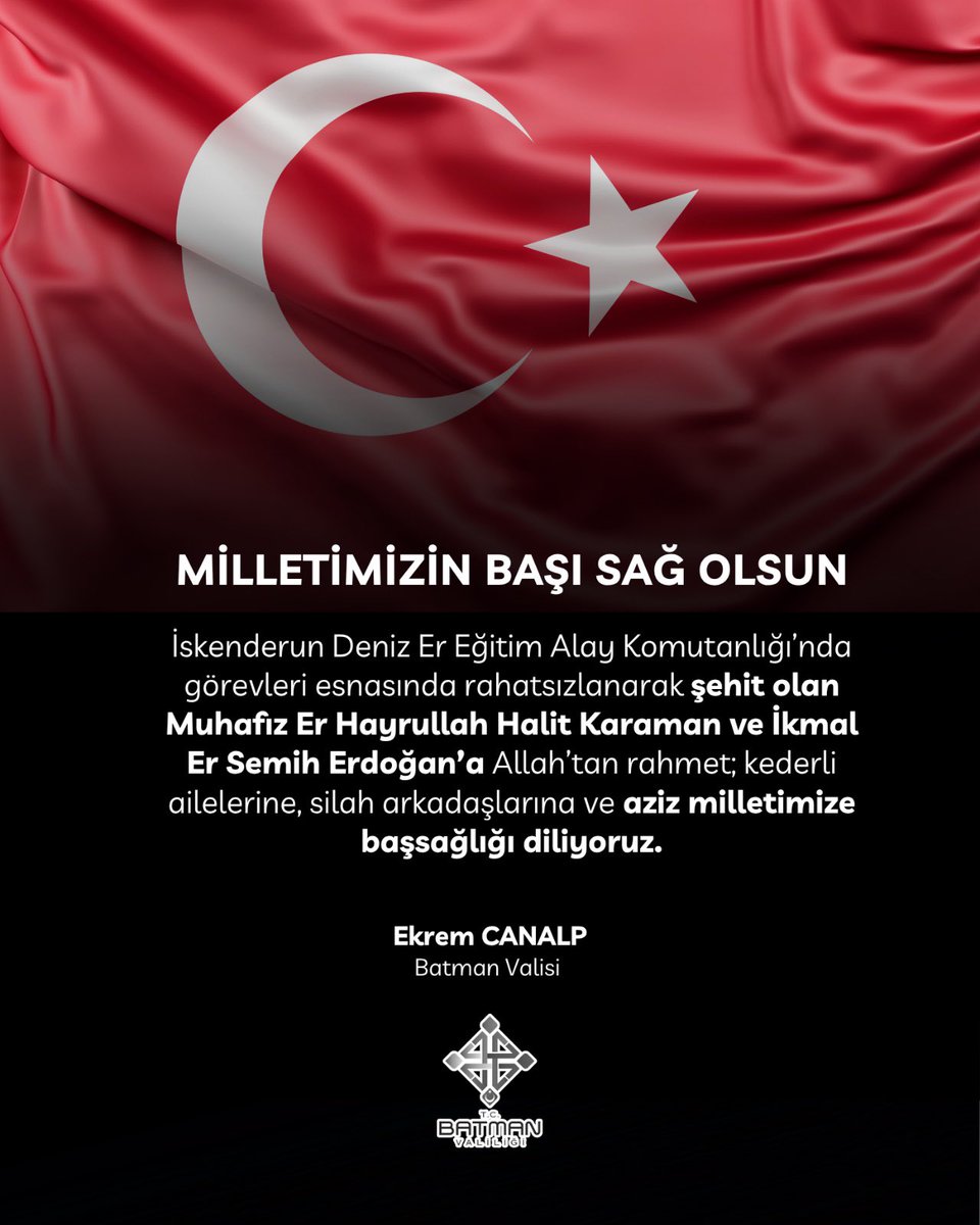 Milletimizin başı sağ olsun 🇹🇷

İskenderun Deniz Er Eğitim Alay Komutanlığı’nda görevleri esnasında rahatsızlanarak şehit olan Muhafız Er Hayrullah Halit Karaman ve İkmal Er Semih Erdoğan’a Allah’tan rahmet; kederli ailelerine, silah arkadaşlarına ve aziz milletimize başsağlığı