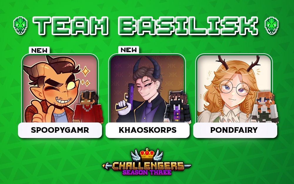 Challengers SMP ๐ (@challengers_smp) on Twitter photo One glance and Game Over! Welcome in, Team Basilisk! ๐
๐ด With <a href="/spoopygamr/">SpoopyGamr ๐พ</a>, <a href="/Khaos_Korps/">KhaosKorps</a> & <a href="/Pond_Fairy/">Pond Fairy</a>!
Catch them starting this August 1st for a whole month on Challengers Season 3! ๐ One glance and Game Over! Welcome in, Team Basilisk! ๐
๐ด With <a href="/spoopygamr/">SpoopyGamr ๐พ</a>, <a href="/Khaos_Korps/">KhaosKorps</a> & <a href="/Pond_Fairy/">Pond Fairy</a>!
Catch them starting this August 1st for a whole month on Challengers Season 3! ๐