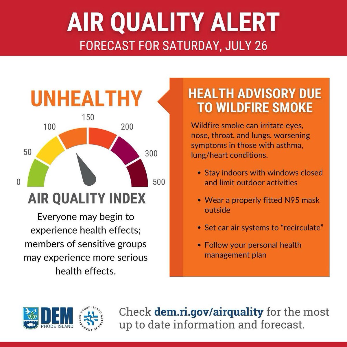 RhodeIslandDEM's tweet image. ⚠ #AirQuality is expected to reach unhealthy levels statewide today (7/26) due to fine particles from Canadian wildfire smoke. Smoke is expected to linger, but fine particle levels to drop to upper moderate on the Air Quality Index on Sunday.
🔗 dem.ri.gov/press-releases…
