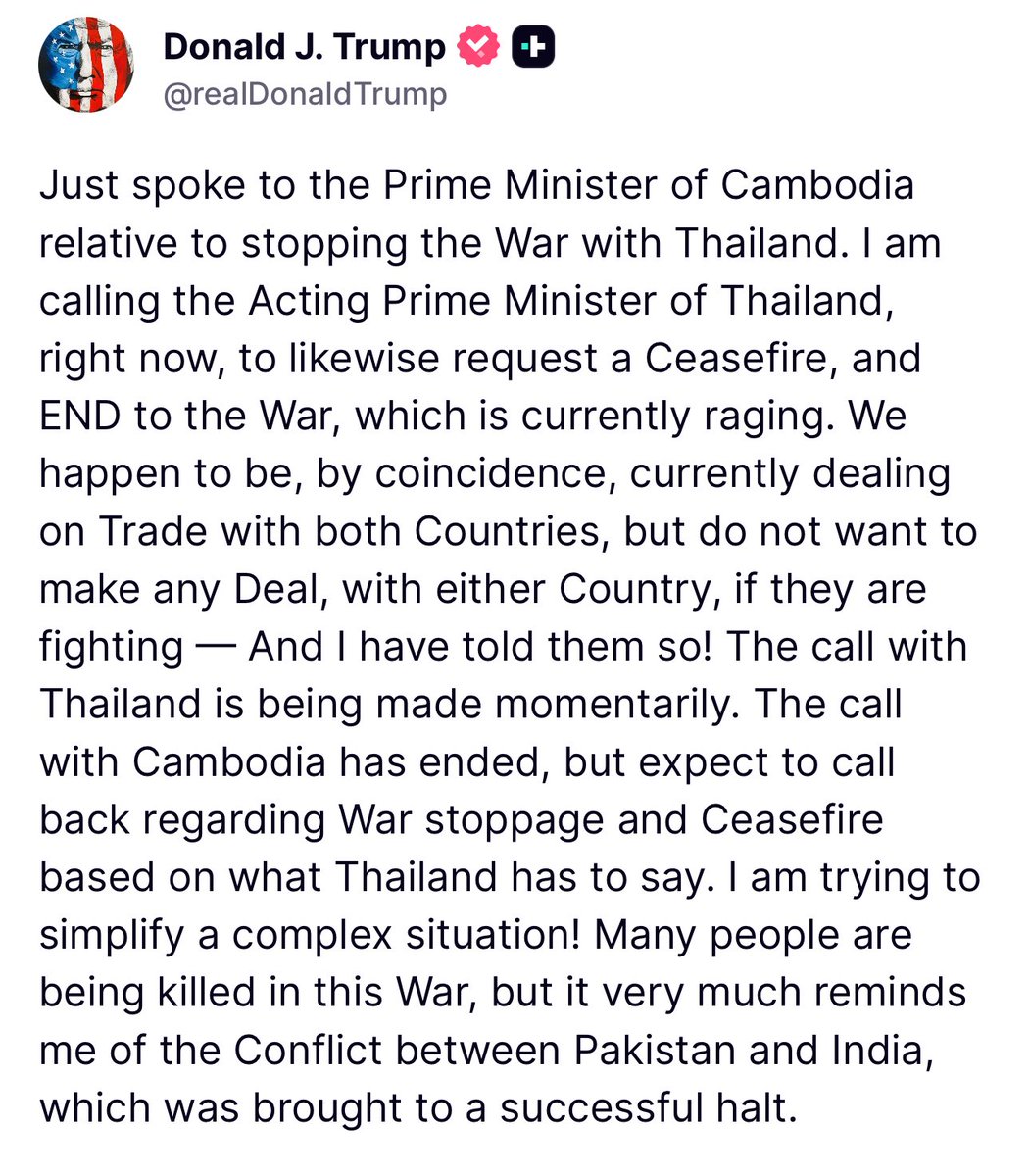 stockplaymaker1's tweet image. BREAKING $DJT NEWS ALERT ‼️
Trump:
Just spoke to the Prime Minister of Cambodia relative to stopping the War with Thailand.