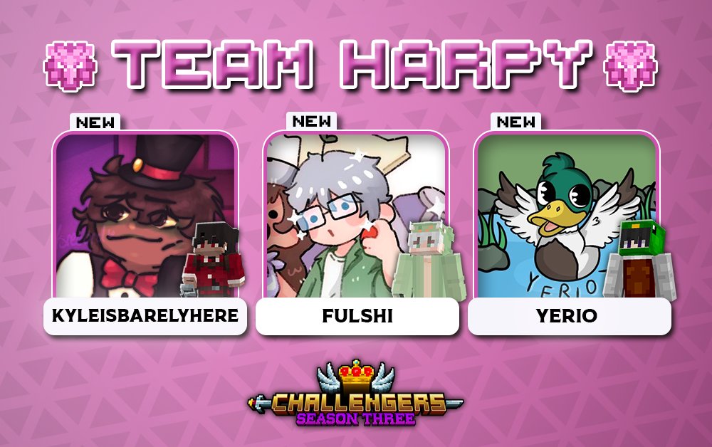 Challengers_SMP's tweet image. Feathers, fury, and zero mercy! Welcome in, Team Harpy! 🪽

🔴 With @kylemightbehere, @fulshii &amp;amp; @YerioTV!

Catch them starting this August 1st for a whole month on Challengers Season 3! 👑