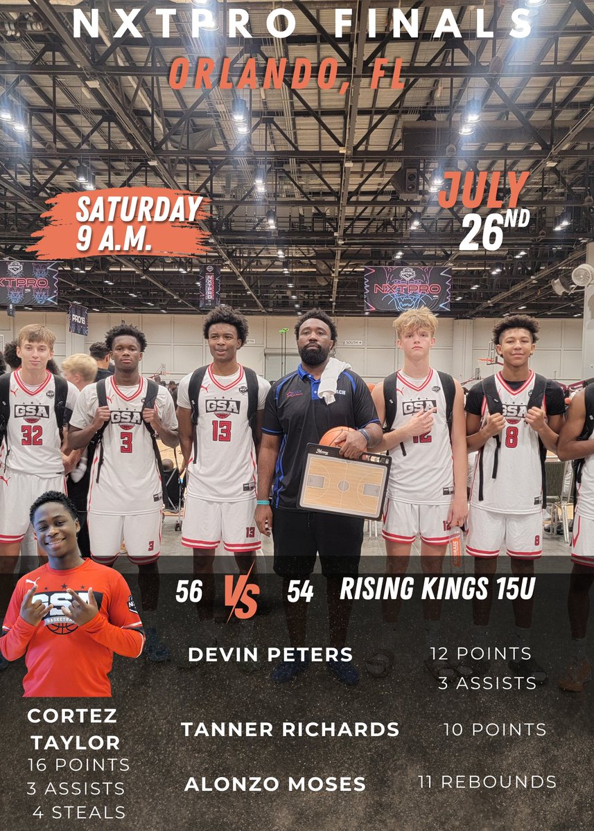 Gifted Scholar Athletes of America (@scholaraoa) on Twitter photo GSA Allstars 15U advances to round 2 of NXTPRO FINALS with a two-point win against Rising Kings 15U.
<a href="/TheTez02/">Cortez Taylor</a> 16 pts | 3 asts | 4 stls
<a href="/thereal_dpeters/">Devin Peters</a> 12 pts | 3 asts
<a href="/trich2028/">Tanner Richards</a> 10 pts
<a href="/alonzo_moses12/">Alonzo Moses</a> 11 rbds GSA Allstars 15U advances to round 2 of NXTPRO FINALS with a two-point win against Rising Kings 15U.
<a href="/TheTez02/">Cortez Taylor</a> 16 pts | 3 asts | 4 stls
<a href="/thereal_dpeters/">Devin Peters</a> 12 pts | 3 asts
<a href="/trich2028/">Tanner Richards</a> 10 pts
<a href="/alonzo_moses12/">Alonzo Moses</a> 11 rbds