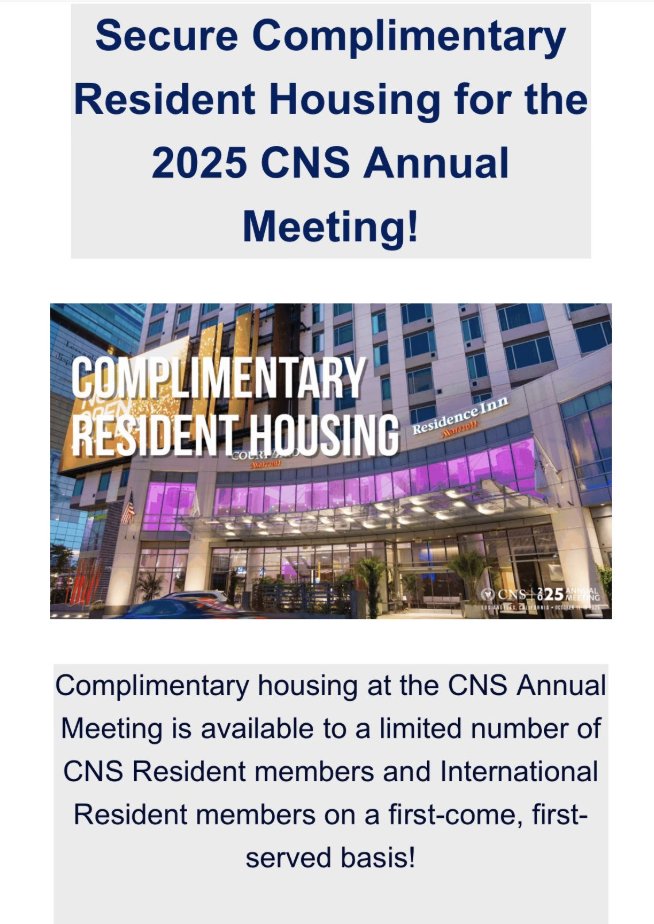 CNSResidents (@cnsresidents) on Twitter photo Secure complementary resident housing for the 2025 CNS Annual Meeting on a first-come, first-serve basis if you register for the meeting! Secure complementary resident housing for the 2025 CNS Annual Meeting on a first-come, first-serve basis if you register for the meeting!