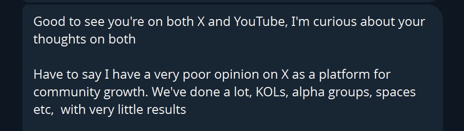 Teams are noticing that X only KOLs don't bring any value and it is true.

The true onboarding happens on Youtube.