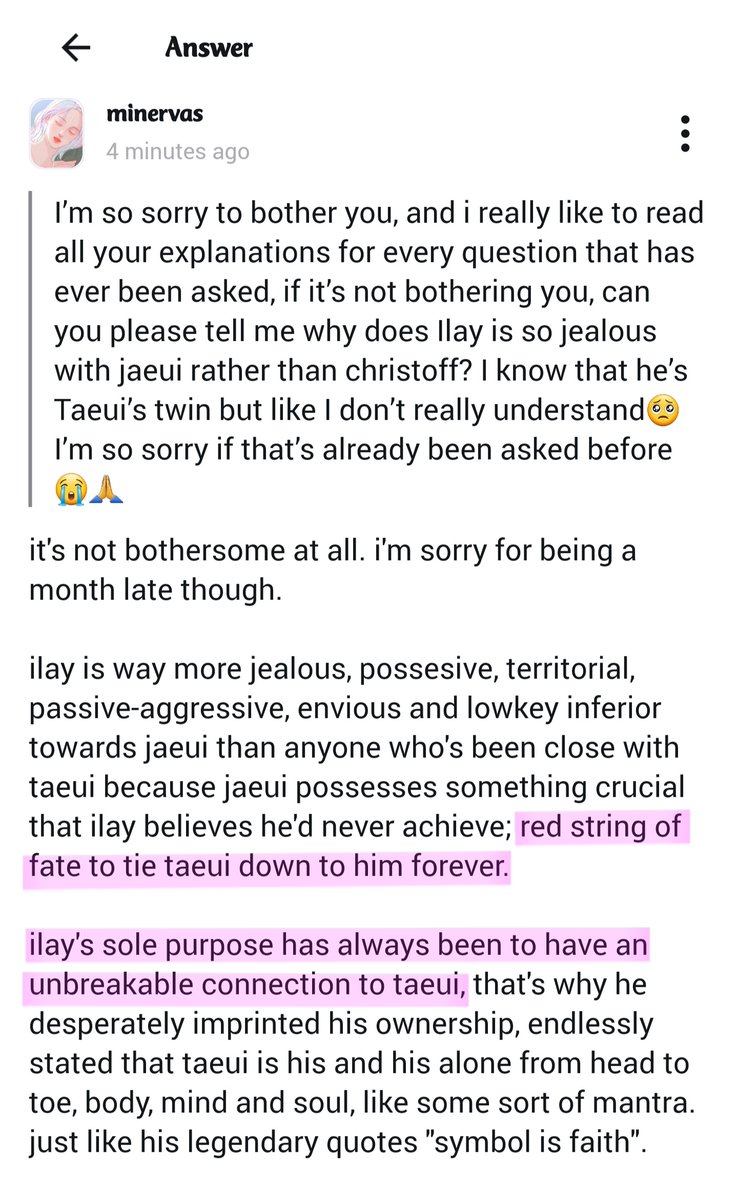 _teui's tweet image. ❓ ... can you please tell me why is ilay more jealous with jaeui rather than christoph? ...
💬 ... because jaeui possesses something crucial that ilay believes he'd never achieve; the red string of fate to tie taeui down to him forever. ...
╰┈➤ tellonym.me/minervas/answe…