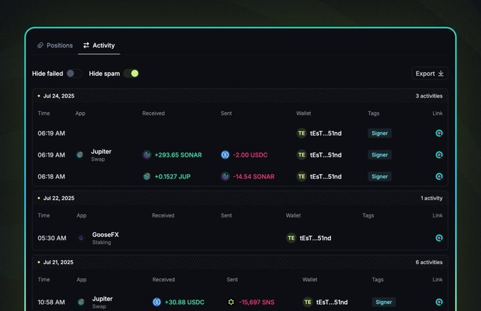Jupiter Portfolio Activity Dashboard showing transaction details