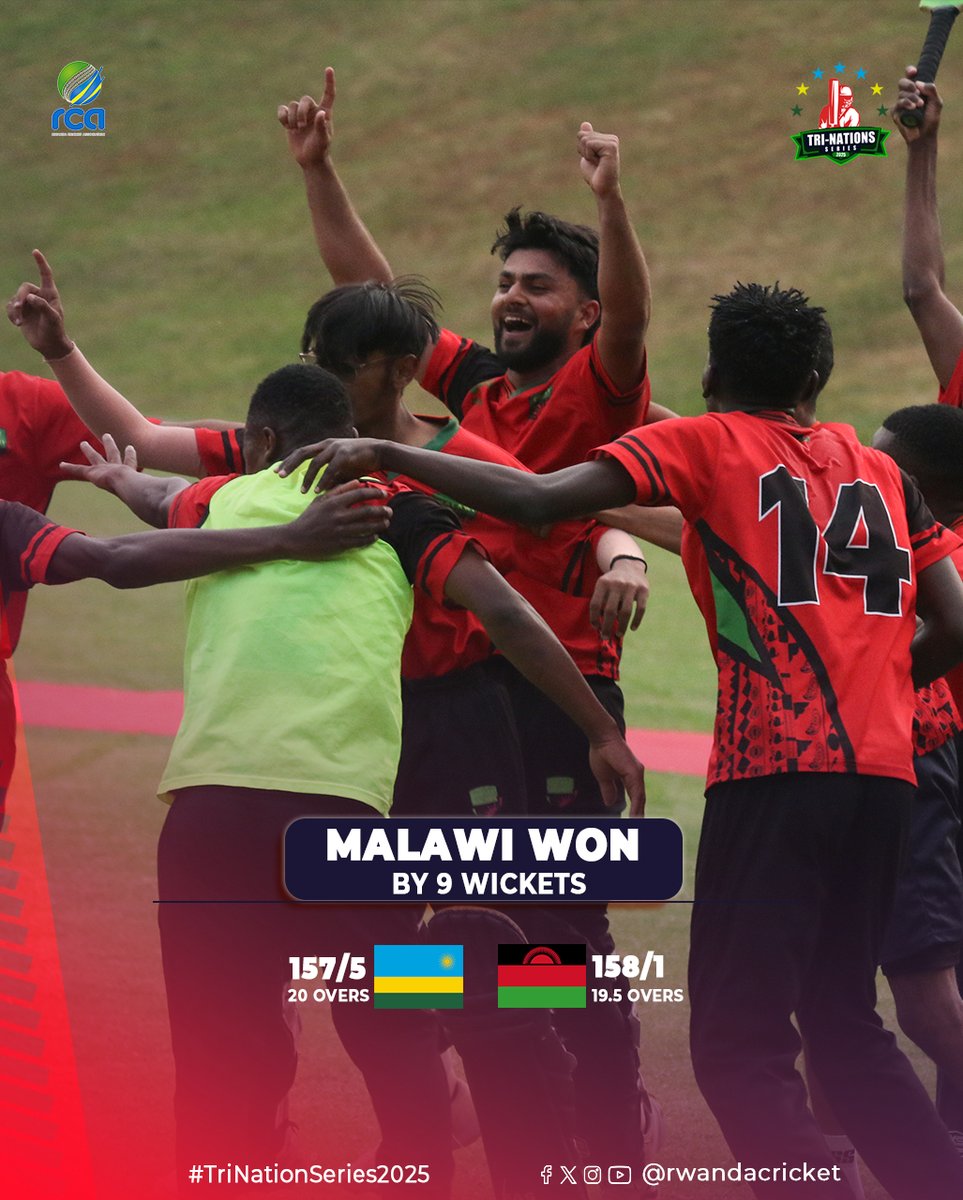 RwandaCricket's tweet image. Matchday 7 results!
Malawi beat Rwanda by 9 wickets, chasing 158 in 19.5 overs.
Player of the Match: Sami Sohail – 96* (71) and 3 wickets.
Malawi are through to the final!
#TriNationSeries2025
@cricketmalawi