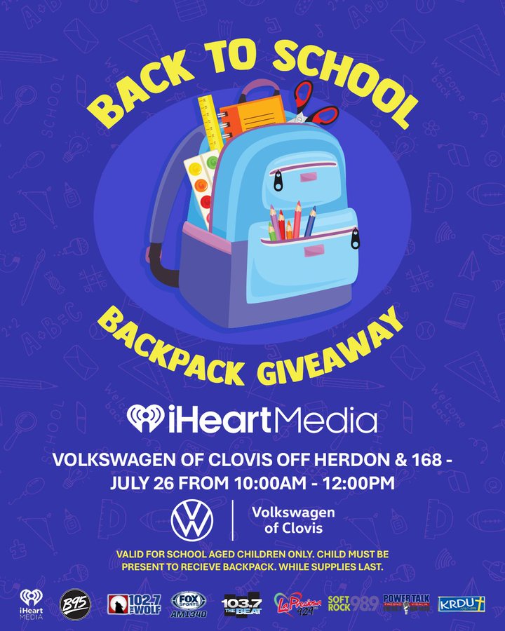 AM 1340 Fox Sports Radio Fresno (@foxsports1340) on Twitter photo Be at <a href="/VW/">Volkswagen</a> of Clovis, Herndon & the 168, this morning starting at 10 to get your child a FREE backpack (while they last) filled with supplies to help them start the new school year strong! Plus, meet <a href="/PowerTalk967/">PowerTalk 96.7 Fresno-Visalia</a>'s <a href="/TrevorCareyShow/">TrevorCareyShow</a>! See you there! Be at <a href="/VW/">Volkswagen</a> of Clovis, Herndon & the 168, this morning starting at 10 to get your child a FREE backpack (while they last) filled with supplies to help them start the new school year strong! Plus, meet <a href="/PowerTalk967/">PowerTalk 96.7 Fresno-Visalia</a>'s <a href="/TrevorCareyShow/">TrevorCareyShow</a>! See you there!