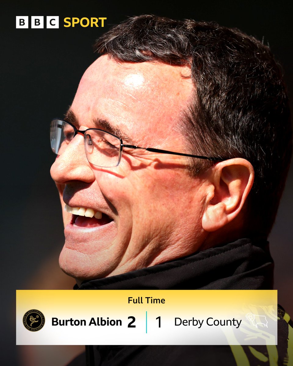 BBCDerbySport's tweet image. 🚨 𝗙𝗨𝗟𝗟-𝗧𝗜𝗠𝗘 🚨
A brace from Jake Beesley sees Burton Albion retain the Bass Charity Vase as they beat Derby County at the Pirelli Stadium.
#BAFC 🍺 2-1 #DCFC 🐏
