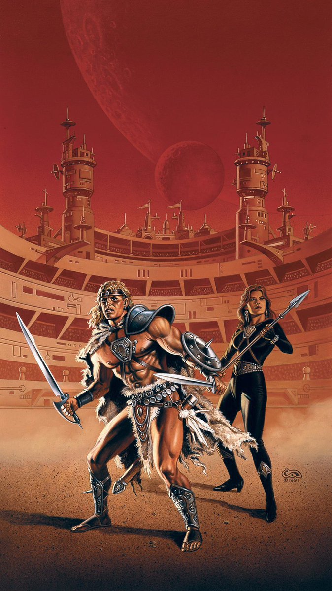 YoDanno's tweet image. “Two Men enter, One Man leaves!”
Late Night Clyde Caldwell painting, “On Arena”.
Warner Books paperback cover for the book, ‘The Hunter On Arena’, by Rose Estes.
You can purchase the original oil painting, if you have the scratch! clydecaldwell.com/product/on-are…