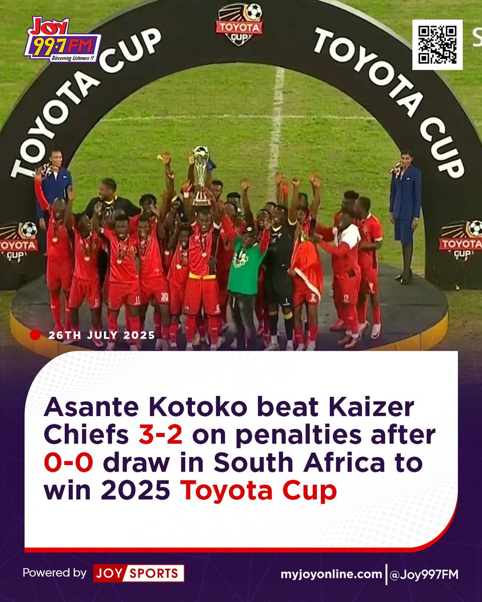JoySportsGH's tweet image. Asante Kotoko beat Kaizer Chiefs 3-2 on penalties after 0-0 draw in South Africa to win 2025 Toyota Cup
#JoySports