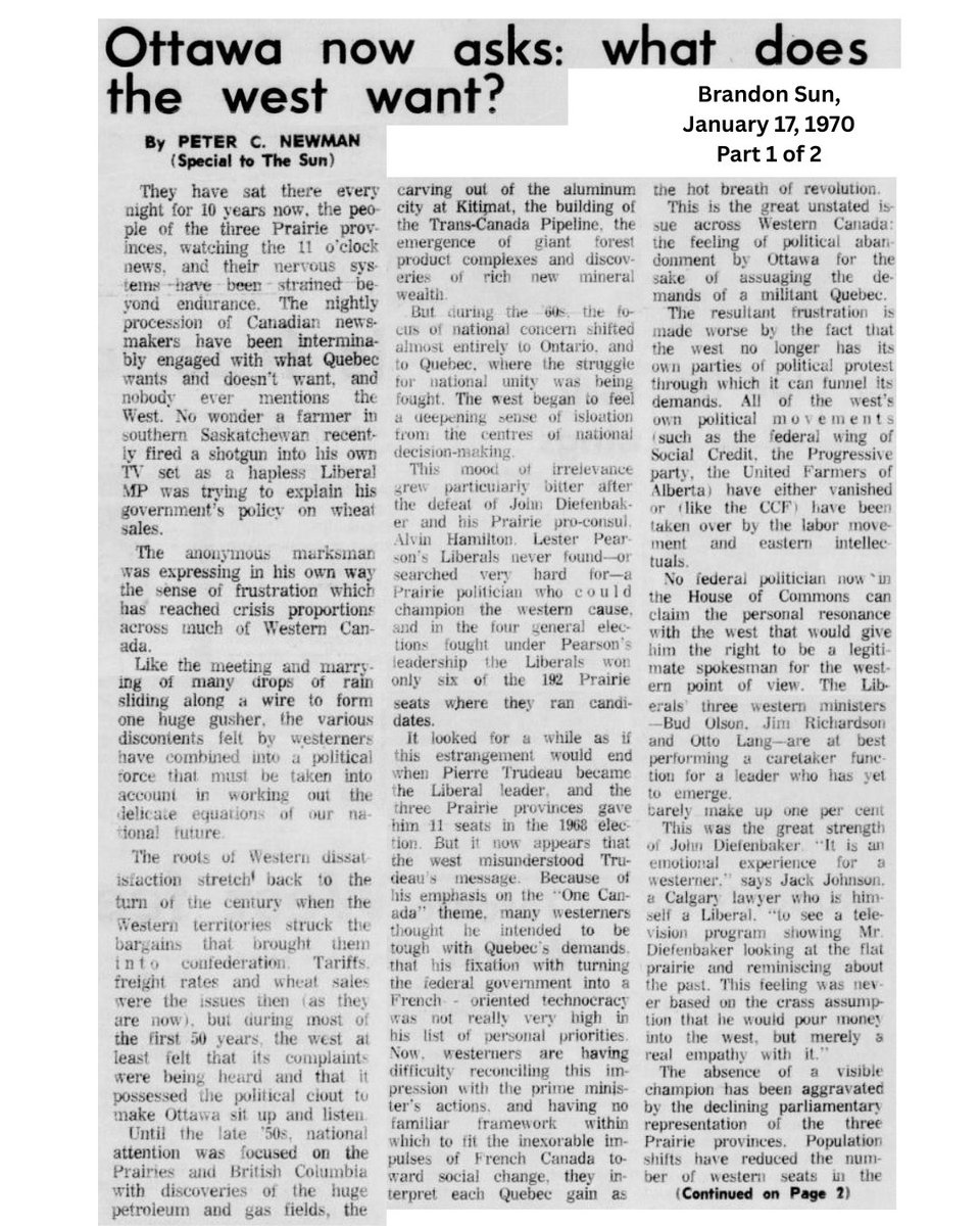Prairielily22's tweet image. From 1970 (50 years ago): "Prairie provinces, watching the 11 o'clock news, and their nervous systems have been strained beyond endurance. The nightly procession of Canadian newspapers have been interminably engaged with what Quebec wants and doesn't want, and nobody ever…