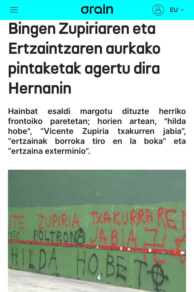 Onartezina. Larria. Arduratzeko modukoa.

Nuestra enérgica condena a esta expresión de violencia e intolerancia propia de otros tiempos. Y nuestro apoyo al Consejero Zupiria y a la Ertzaintza. 

¿Qué va a ser lo siguiente? Esta espiral tiene que terminar.

Mientras tanto, EH
