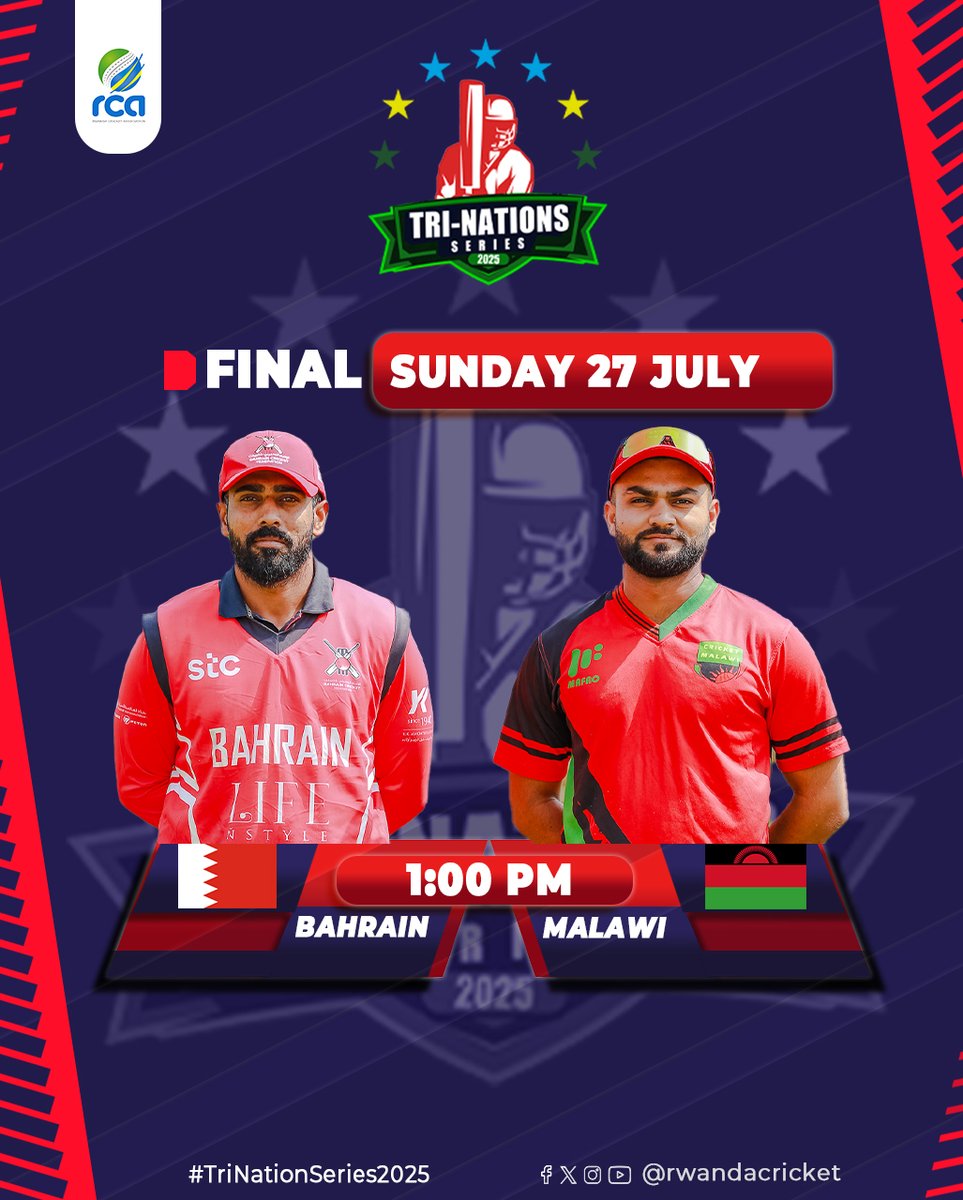 RwandaCricket's tweet image. The Final is Set!
Bahrain vs Malawi
Tomorrow ,Sunday, 27 July — 1:00 PM
#TriNationSeries2025
@bahraincricket
@cricketmalawi