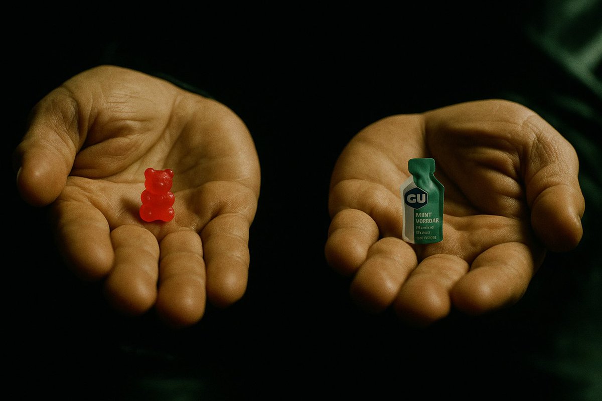 BowTiedRunning's tweet image. “You take the energy gel, the story ends, you wake up in your bed and believe whatever you want to believe. You take the gummy bear, you stay in Wonderland, and I show you how deep the rabbit hole goes.”