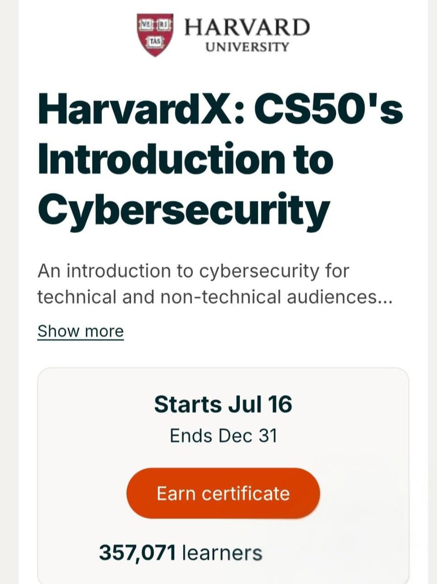Unex_HQ's tweet image. Harvard University is offering a FREE Cybersecurity Course for 2025!  

No enrollment fee. No experience needed.  
Self-paced &amp;amp; taught by Harvard professors.  

Perfect for beginners &amp;amp; tech lovers!  
Apply now: unexgh.com/updateDetails/…

#HarvardCybersecurity2025 #FreeOnlineCourse