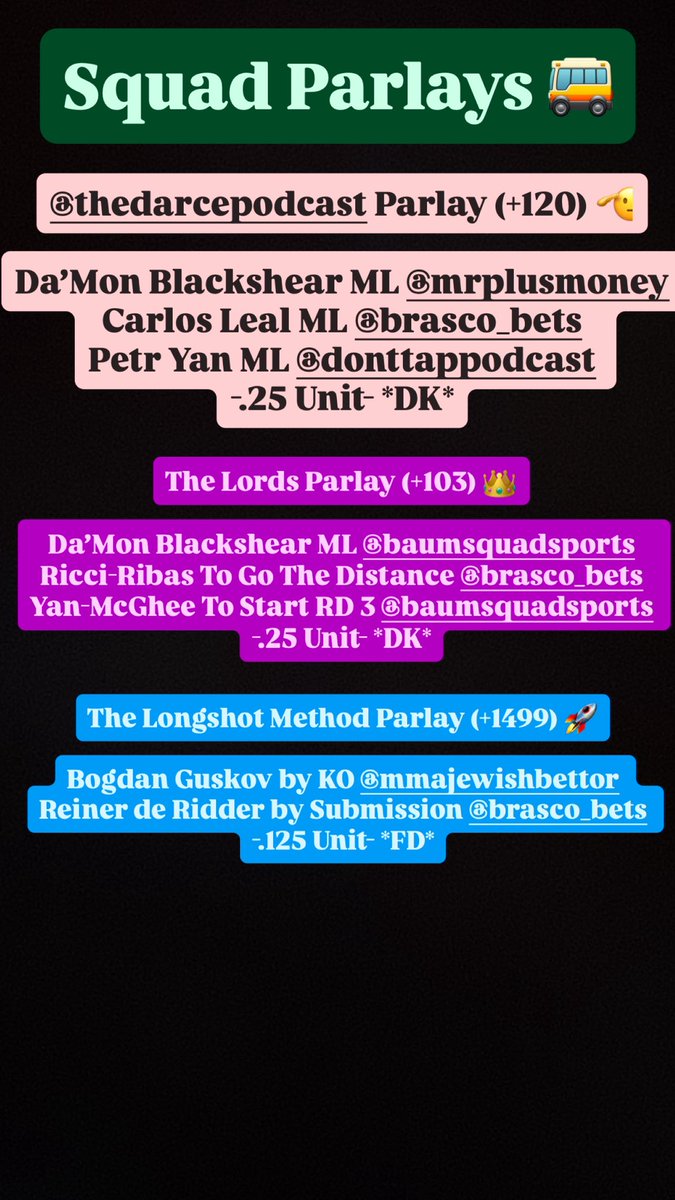BrascoBets's tweet image. UFC Fight Night Abu Dhabi squad parlays! Good luck if you are tailing 💸 @BaumsquadBets @mmajewishbettor @MrPlusMoneyy @mcgmma