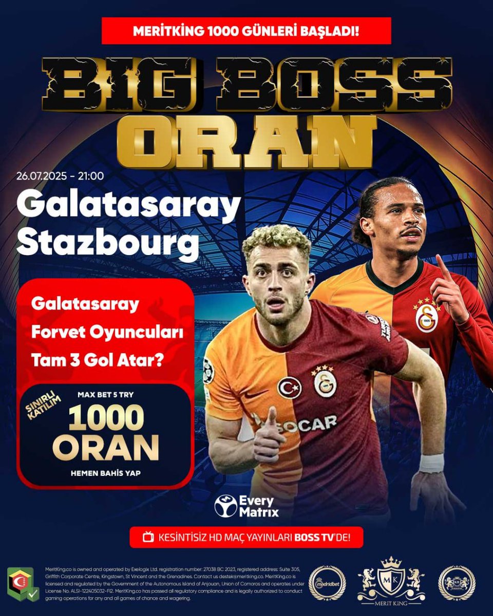 🔥 MERİTKİNG’de BOSS ORAN ZAMANI! 🔥

Galatasaray – Stazbourg maçına özel:
💥 Galatasaray forvetleri TAM 3 gol atarsa...
💰 ORAN: 1000
🎯 Max Bet: 5 TL
📲 Sadece MeritKing'de!

Güncel Giriş : t.ly/meritkingtt

Bir Galatasaraylı Aziz Yıldırım #galatasaray