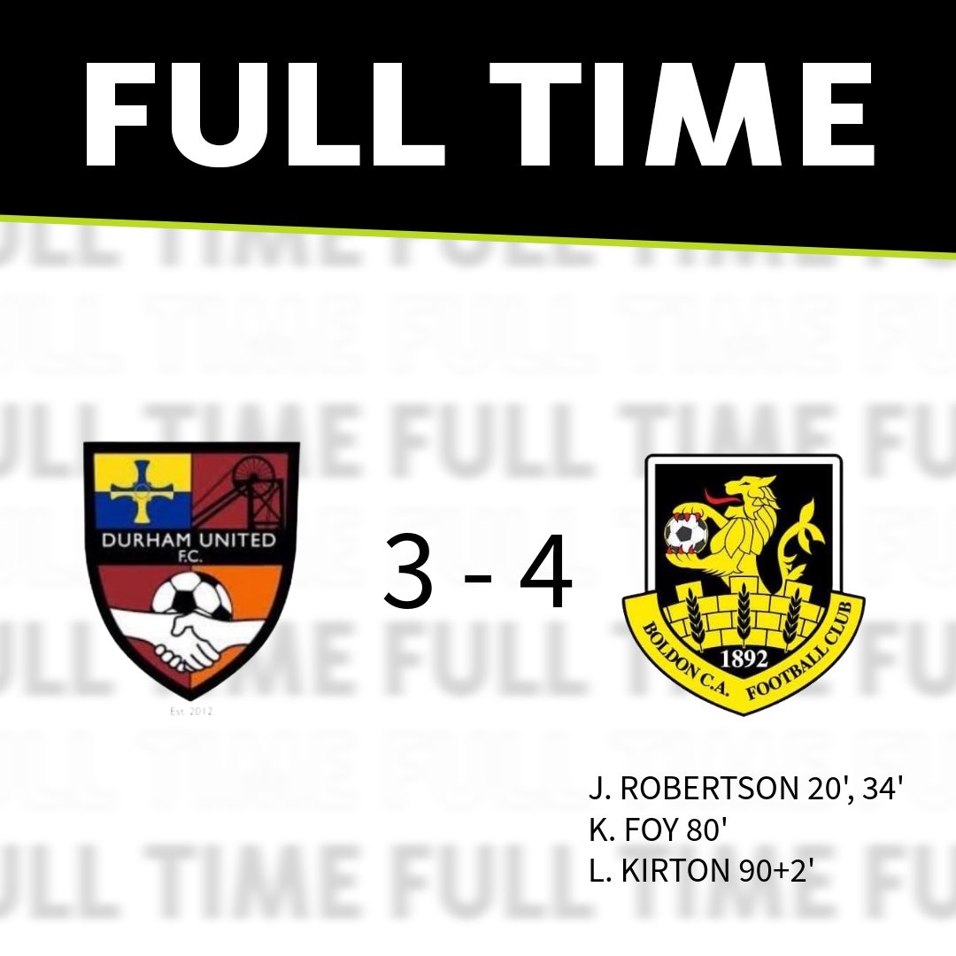 CABoldon's tweet image. Opening day victory 💪
A brace from Robertson, a volley from Foy & a 90th minute winner from Kirton seals the first win of the season!
3-4 | #DURvBOL | #BoldonCA