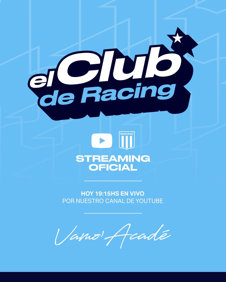 RacingClub's tweet image. 📲 ¡Sumate al streaming oficial de La Academia!
Desde las 19:15 viví la previa y la reacción del partido en vivo por nuestro canal de YouTube: youtube.com/@racingclubofi…