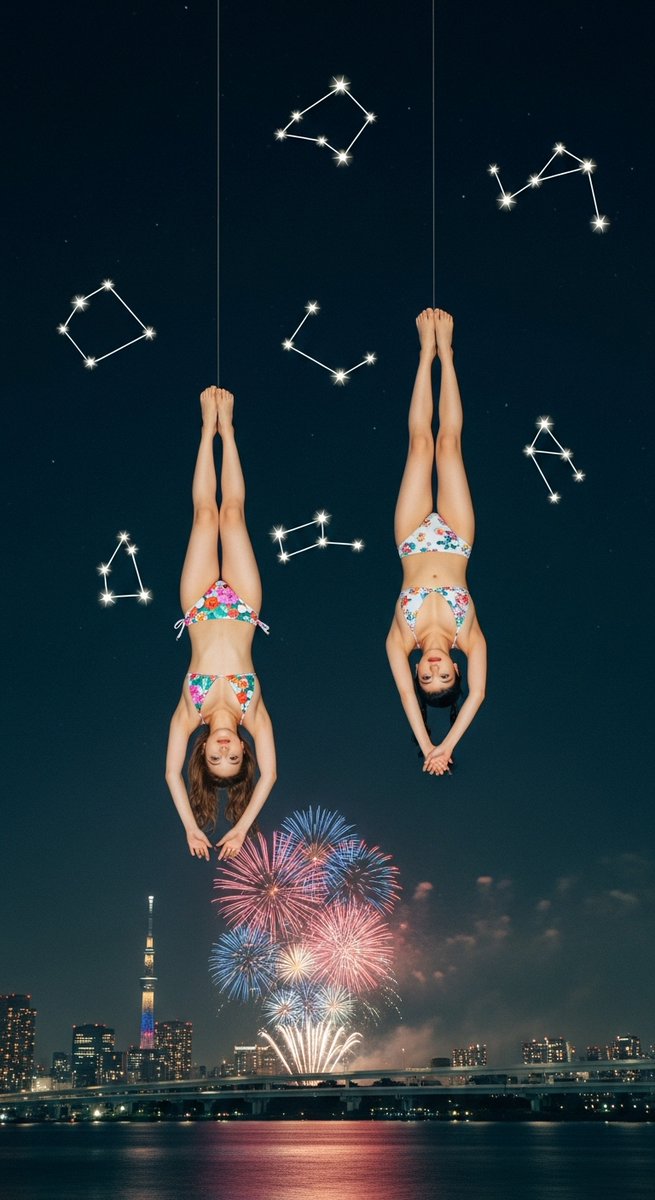 rengemagic_ai's tweet image. 夏の星座にぶら下がって、上から花火を見下ろして