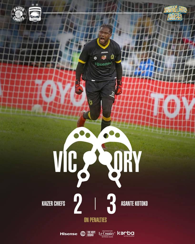 purefmsports's tweet image. Mohammed Camara saves four kicks as Asante Kotoko edge Kaizer Chiefs through penalties (3-2) to lift 2025 Toyota Cup in Durban, South Africa.