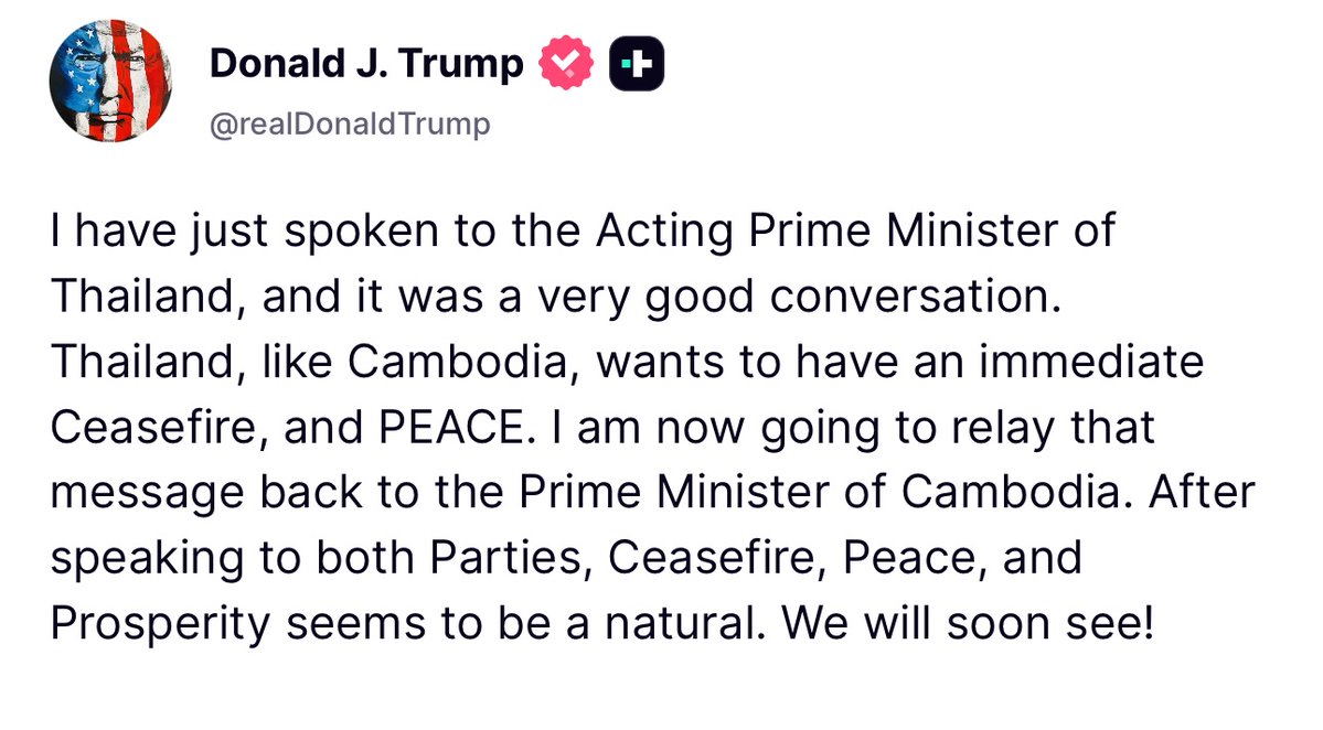 KenzieMarieInWA's tweet image. Good news for both Thailand and Cambodia...
47 doing what he does.
The world is safer with Trump in office.