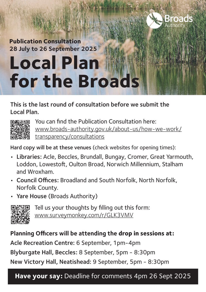 BroadsAuth's tweet image. The final consultation on the latest version of the Local Plan for the Broads begins today. 

This is the last opportunity for the public to comment before the Plan is submitted to the Planning Inspectorate.

Visit our website to read more and take part: broads-authority.gov.uk/about-us/how-w…