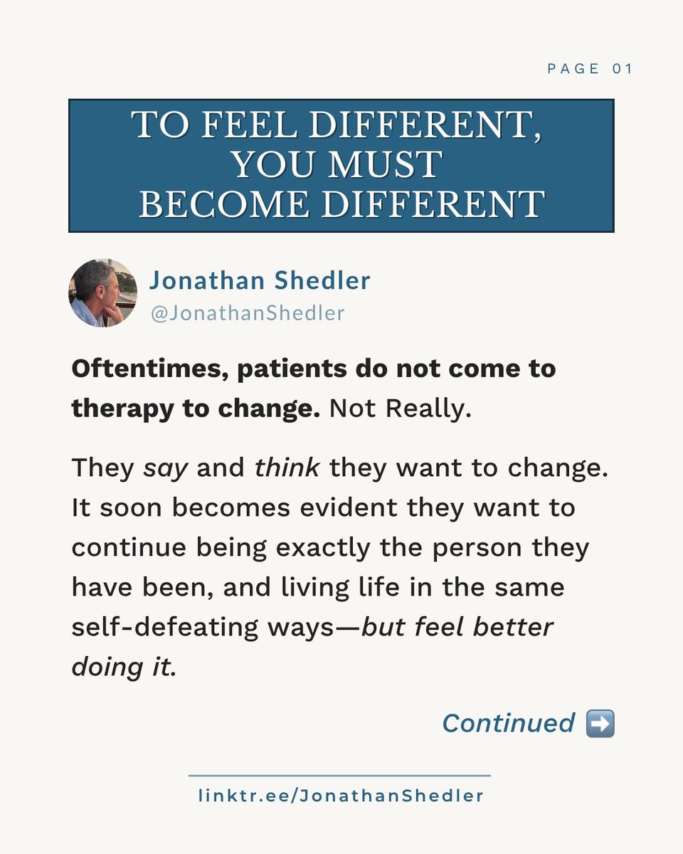 Many people don’t come to therapy to change. Not really.
They want to feel different—without becoming different.
But that’s not how it works.
🧵