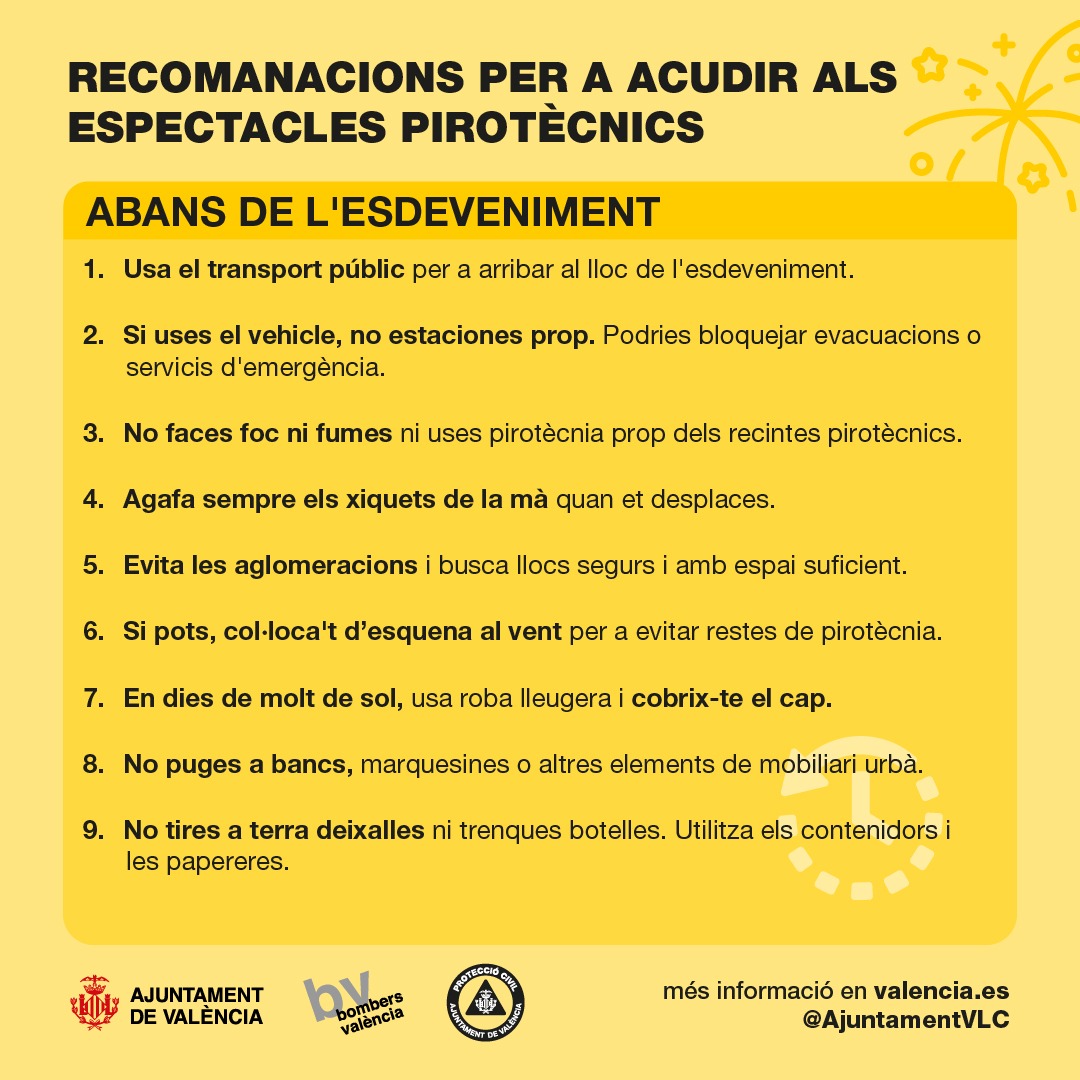 AjuntamentVLC's tweet image. 🧨Continua el programa pirotècnic de la #GranFiraVLC amb els #FocsdelaFira
▶️ Hui #Correfoc
📍 c/ la Pau-Glorieta-Palau de Justícia i Porta de la Mar
⏰23h
Pareu atenció a les recomanacions de @bomberosvlc i @protecivilvlc per a disfrutar d'estos esdeveniments de forma segura! 👇
