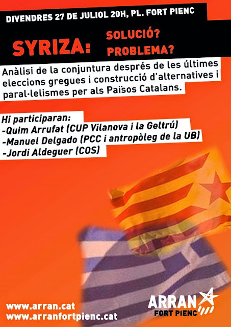 Fortpienc1's tweet image. Despres del 15M hagueren intents de confluència electoral. A les reunions recordo gent de la CUP i de moviments socials que després serien els Comuns, com Ada Colau. Va haver actes com a aquest que va muntar Arran i al que em van convidar. Li deien la Siriza catalana.
