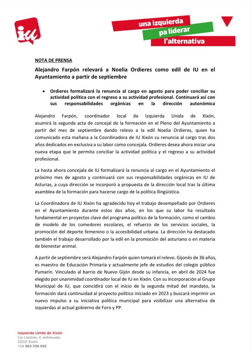 iuxixon's tweet image. 🔻 @AlejandroFarpon relevará a Noelia Ordieres como edil de IU en el Ayuntamiento a partir de septiembre.
La Coordinadora de IU Xixón ha agradecido hoy el trabajo «fundamental» desempeñado por Ordieres durante estos dos años.
🗒️ NdP completa 👇🏼