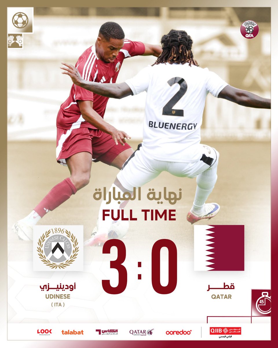 QFA's tweet image. 📢 نهاية المباراة
قطر (0) : (3) أودينيزي
مباراة ودية بمعسكر النمسا 🇦🇹 .
#العنابي
#رحلتنا_إلى2026