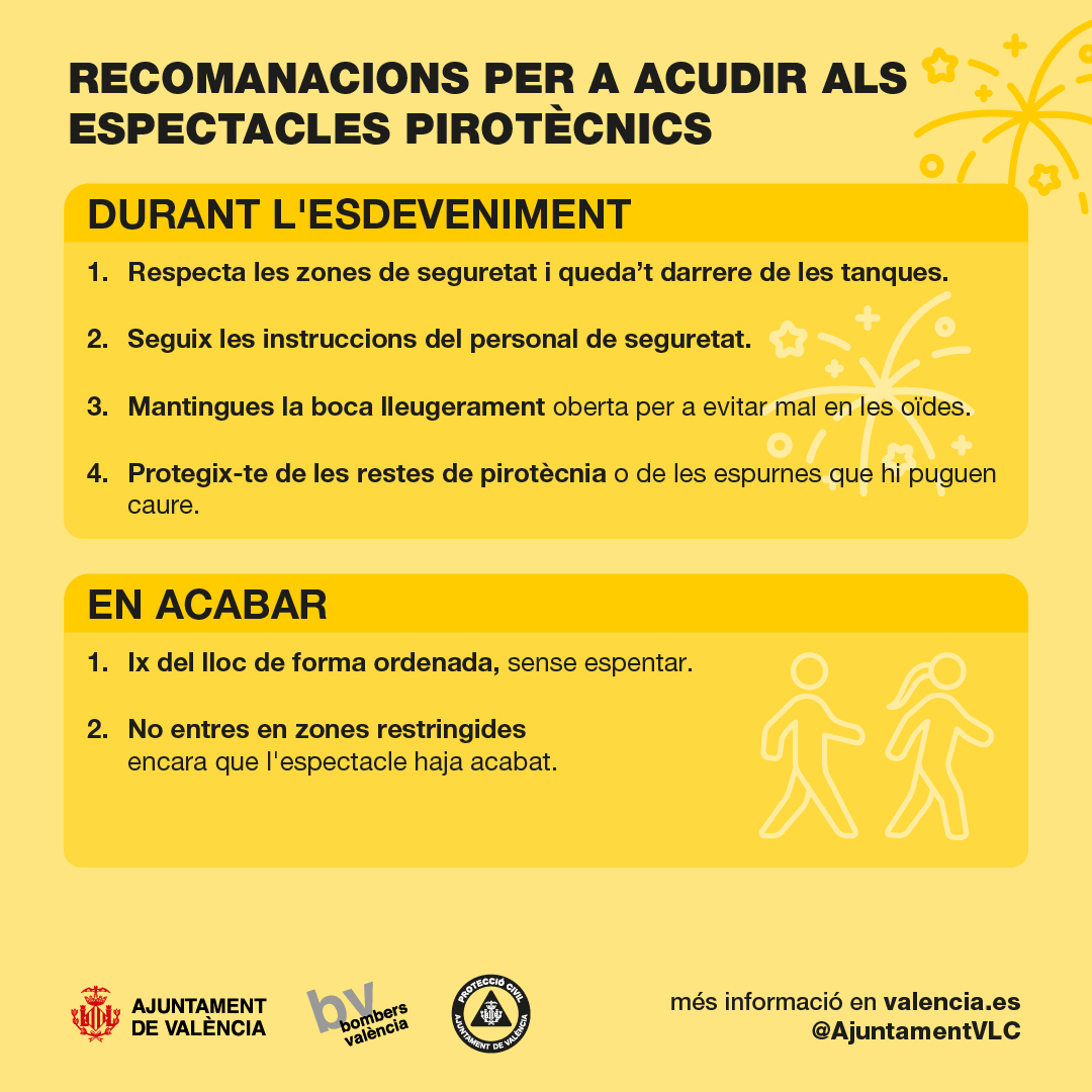 AjuntamentVLC's tweet image. 🧨Continua el programa pirotècnic de la #GranFiraVLC amb els #FocsdelaFira
▶️ Hui #Correfoc
📍 c/ la Pau-Glorieta-Palau de Justícia i Porta de la Mar
⏰23h
Pareu atenció a les recomanacions de @bomberosvlc i @protecivilvlc per a disfrutar d'estos esdeveniments de forma segura! 👇