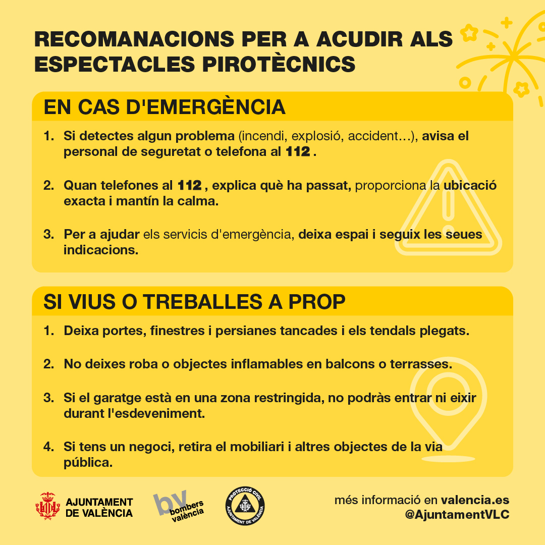 AjuntamentVLC's tweet image. 🧨Continua el programa pirotècnic de la #GranFiraVLC amb els #FocsdelaFira
▶️ Hui #Correfoc
📍 c/ la Pau-Glorieta-Palau de Justícia i Porta de la Mar
⏰23h
Pareu atenció a les recomanacions de @bomberosvlc i @protecivilvlc per a disfrutar d'estos esdeveniments de forma segura! 👇