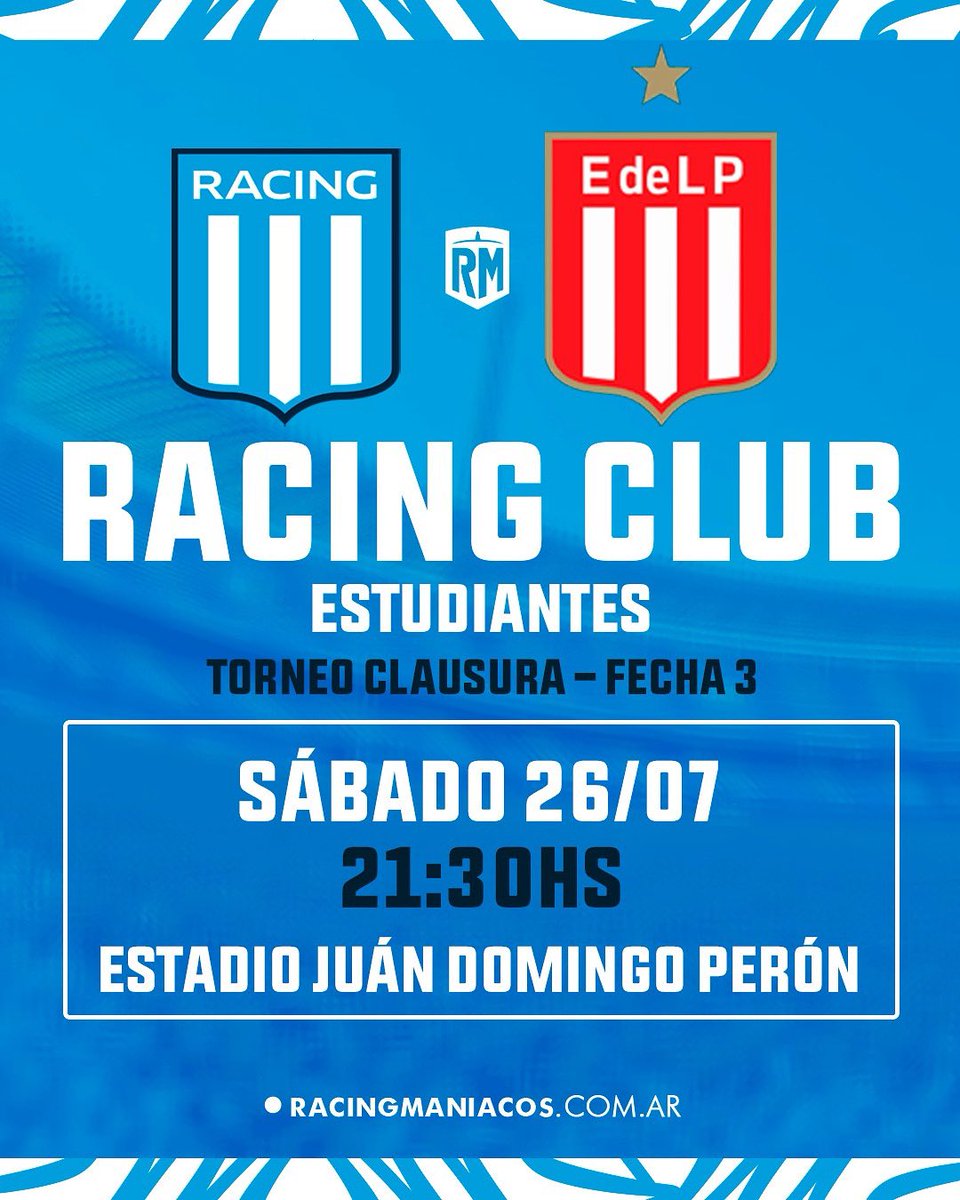 RacingManiacos's tweet image. #HoyJuegaRacing 🎓💙🙌
🆚 #Estudiantes
🏆 Torneo Clausura
⏰ 21:15
🏟️ Cilindro de Avellaneda
📺 TNT Sports