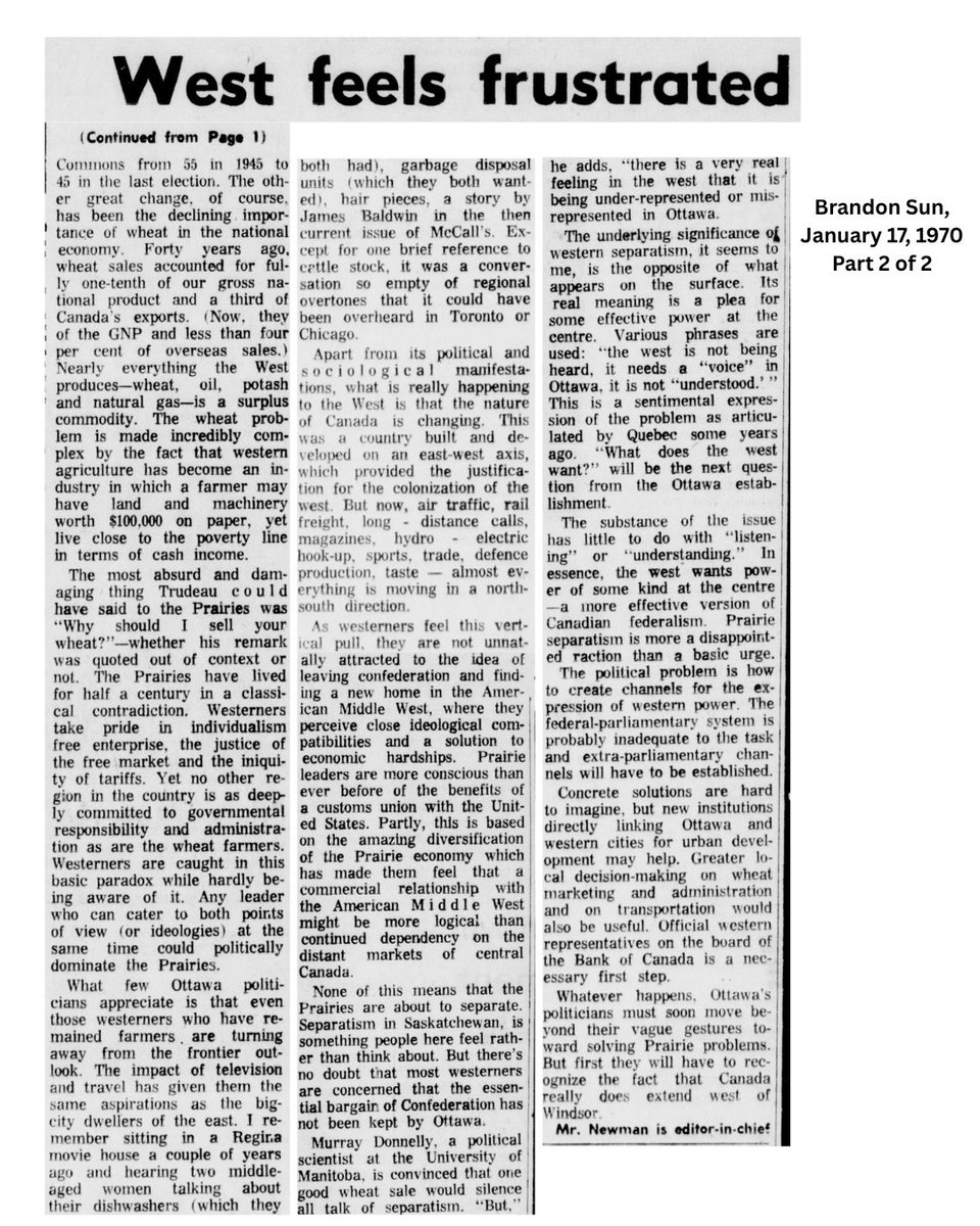 Prairielily22's tweet image. From 1970 (55 years ago): "This was a country built and settled on an east-west axis, which provided the justification for the colonization of the west. But now, air traffic, rail freight, long-distance calls, magazines, hydro-electric hook-up, sports, trade, defense production,…