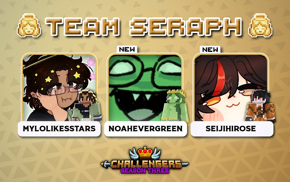 Challengers_SMP's tweet image. You pray. We act. Welcome in, Team Seraph! 👼

🔴 With @mylolikesstars, @noahevergreen &amp;amp; @seijihirosevt!

Catch them starting this August 1st for a whole month on Challengers Season 3! 👑