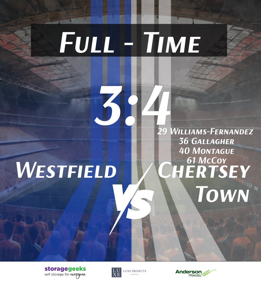 (C)hertsey Town FC (@thecurfews) on Twitter photo Full-Time
A fourth from Olly McCoy in the second half added to Aaron Williams-Fernandez, Jordan Gallagher and Bill Montague’s first half strikes sees the Curfews to victory here at Woking Park in our penultimate pre-season friendly. Thanks to <a href="/westfield_fc/">Westfield FC</a> for a great afternoon. Full-Time
A fourth from Olly McCoy in the second half added to Aaron Williams-Fernandez, Jordan Gallagher and Bill Montague’s first half strikes sees the Curfews to victory here at Woking Park in our penultimate pre-season friendly. Thanks to <a href="/westfield_fc/">Westfield FC</a> for a great afternoon.