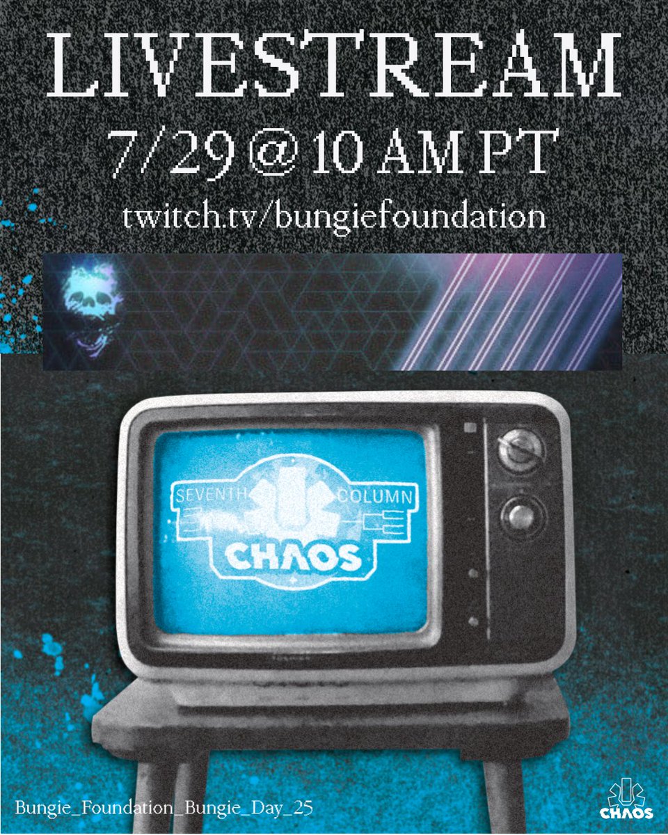 🚨 BUNGIE DAY LIVESTREAM DETAILS 🚨
📅 July 29 @ 10 AM PT
📺 twitch.tv/bungiefoundati…
🗣️ <a href="/cbgray_/">cbgray</a>, <a href="/OlManMakowski/">Makowski</a> and <a href="/AtlasZLR/">Atlas</a> in-studio shoutcasters
💀 Neon Fade emblem available for donation
🏆 Conclusion of Seventh Column Chaos PvP tournament
🤫 + more surprises!