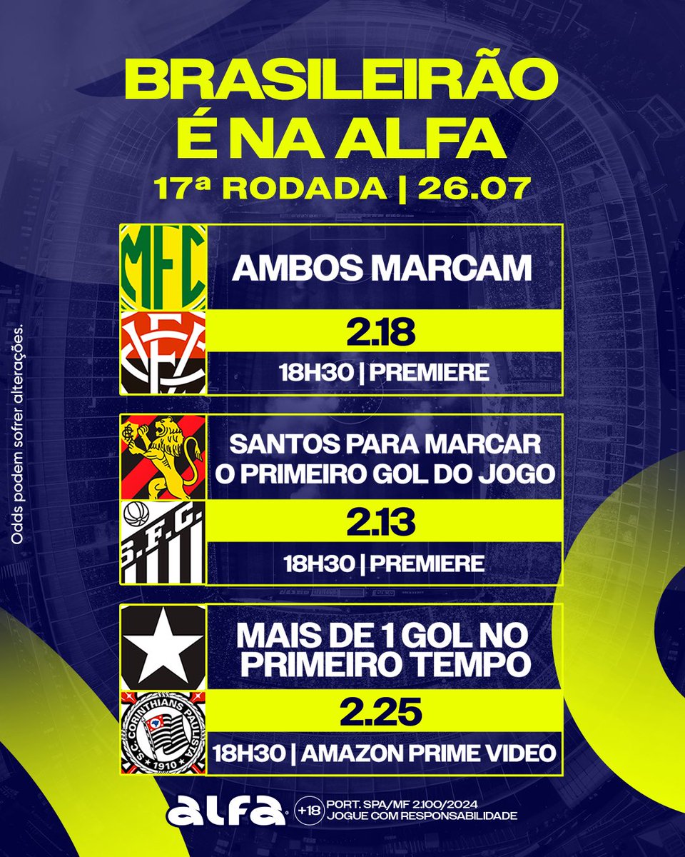 E hoje tem mais brasileirão!

Faça o seu palpite! Jogue na Alfa!  

jogaralfa.bet/x372454f6 

🔞|Jogue com responsabilidade! Proibido para menores de 18 anos. Autorizados pela portaria SPA/MF nº 2.100/2024
